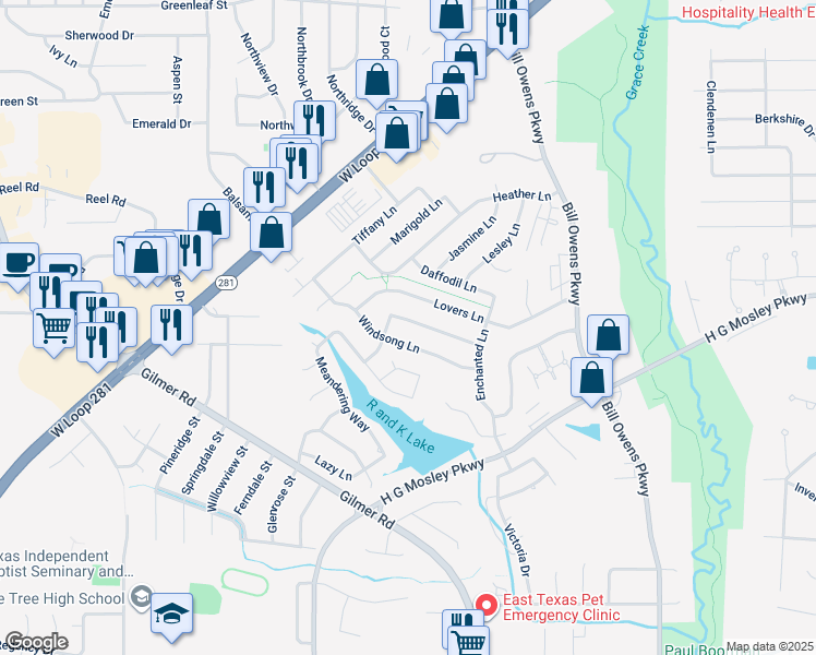 map of restaurants, bars, coffee shops, grocery stores, and more near 1122 Stillmeadow Ln in Longview