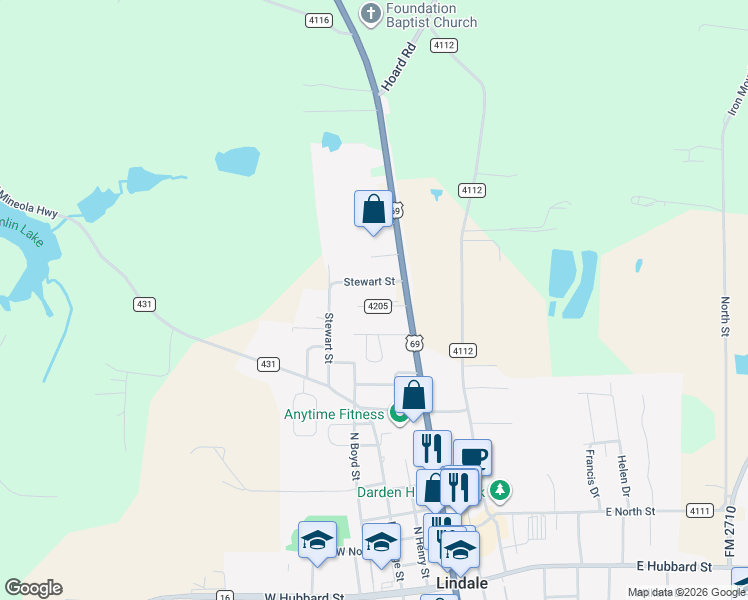 map of restaurants, bars, coffee shops, grocery stores, and more near 209 Freeman Street in Lindale