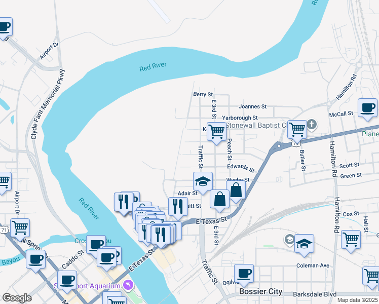 map of restaurants, bars, coffee shops, grocery stores, and more near 119 Thompson Street in Bossier City