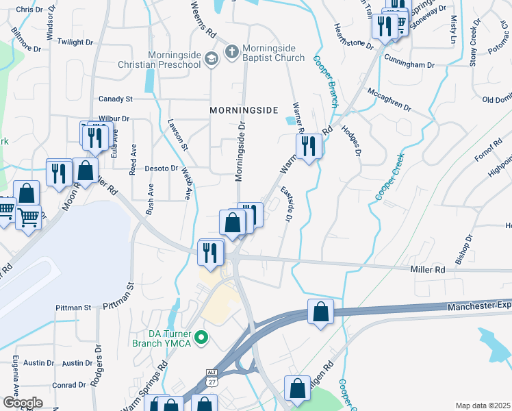 map of restaurants, bars, coffee shops, grocery stores, and more near 4731 Warm Springs Road in Columbus