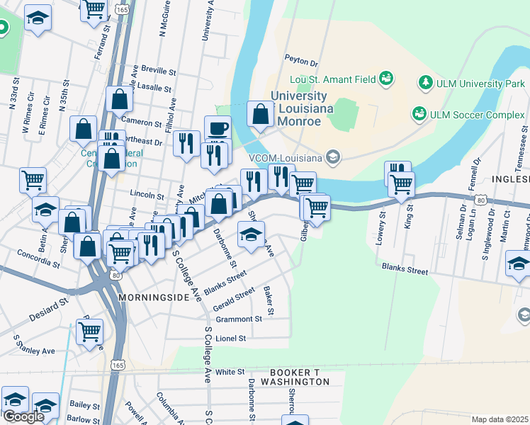 map of restaurants, bars, coffee shops, grocery stores, and more near 4200 Desiard Street in Monroe