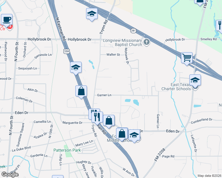 map of restaurants, bars, coffee shops, grocery stores, and more near 1305 Garner Lane in Longview