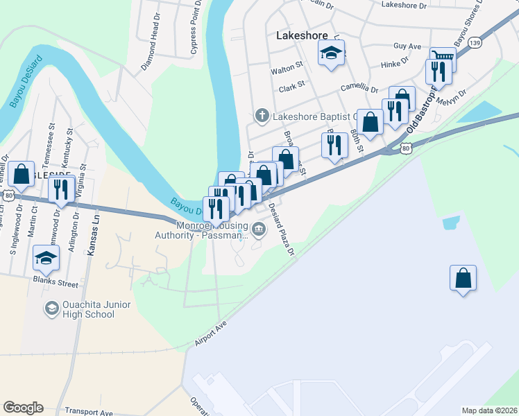 map of restaurants, bars, coffee shops, grocery stores, and more near 7900 Desiard Street in Monroe