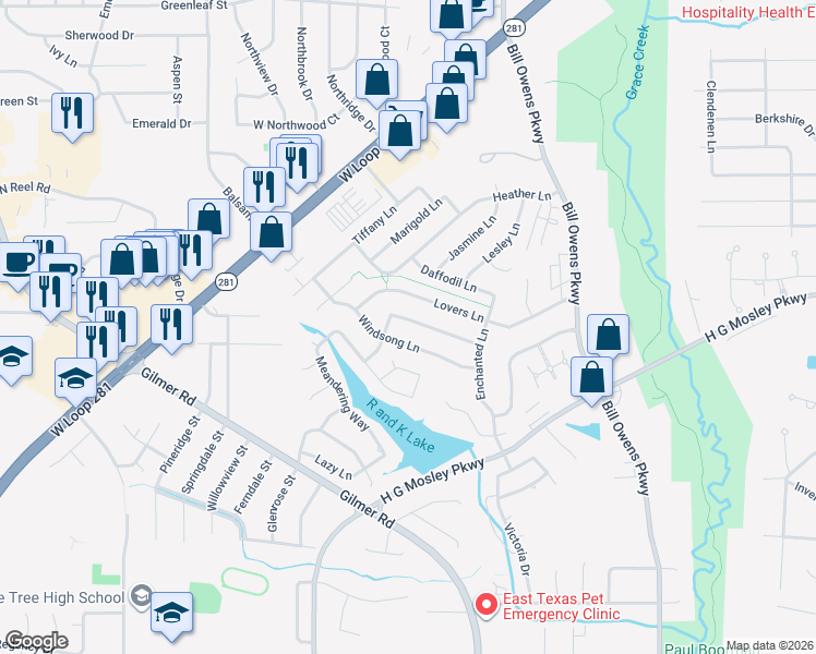 map of restaurants, bars, coffee shops, grocery stores, and more near 1122 Stillmeadow Lane in Longview