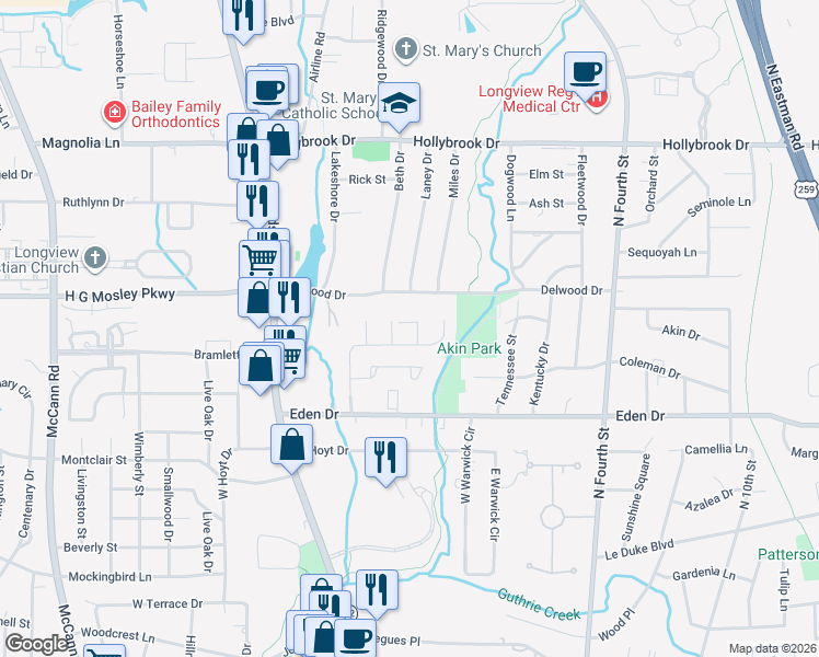 map of restaurants, bars, coffee shops, grocery stores, and more near 305 Ramblewood Place in Longview