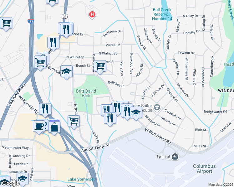 map of restaurants, bars, coffee shops, grocery stores, and more near 5539 Perry Ave in Columbus