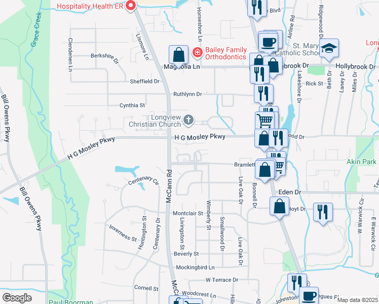 map of restaurants, bars, coffee shops, grocery stores, and more near 30 Bramlette Place in Longview