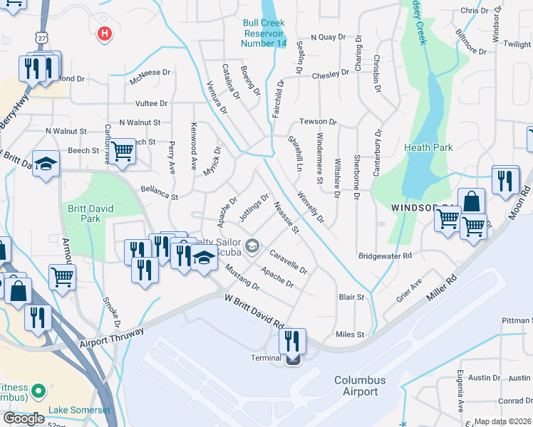 map of restaurants, bars, coffee shops, grocery stores, and more near 3230 Jottings Drive in Columbus