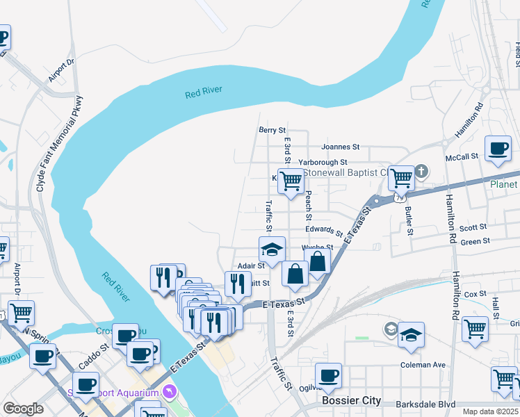 map of restaurants, bars, coffee shops, grocery stores, and more near 225 Thompson Street in Bossier City