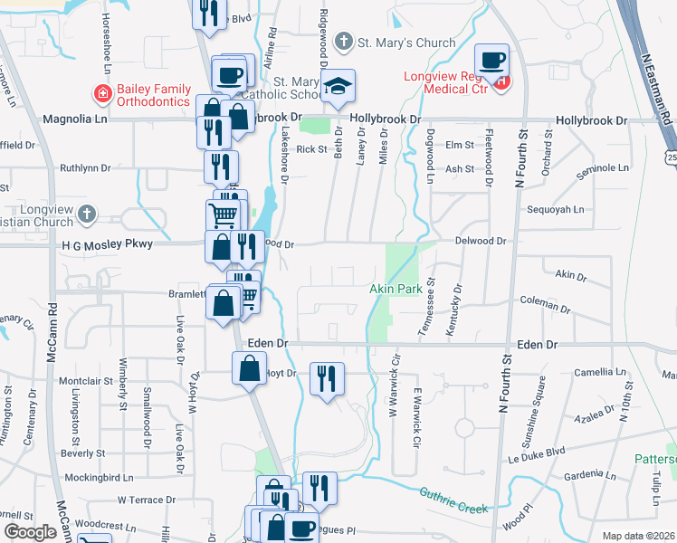 map of restaurants, bars, coffee shops, grocery stores, and more near 305 Ramblewood Place in Longview