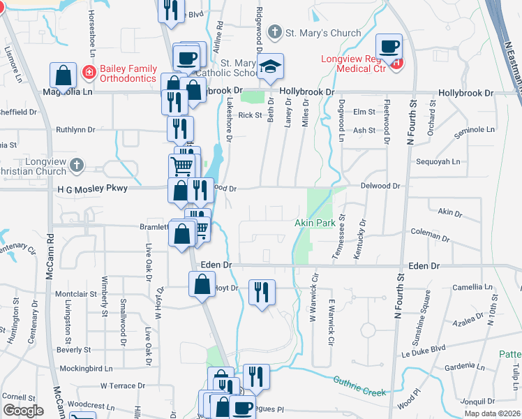 map of restaurants, bars, coffee shops, grocery stores, and more near 102 Ramblewood Court in Longview