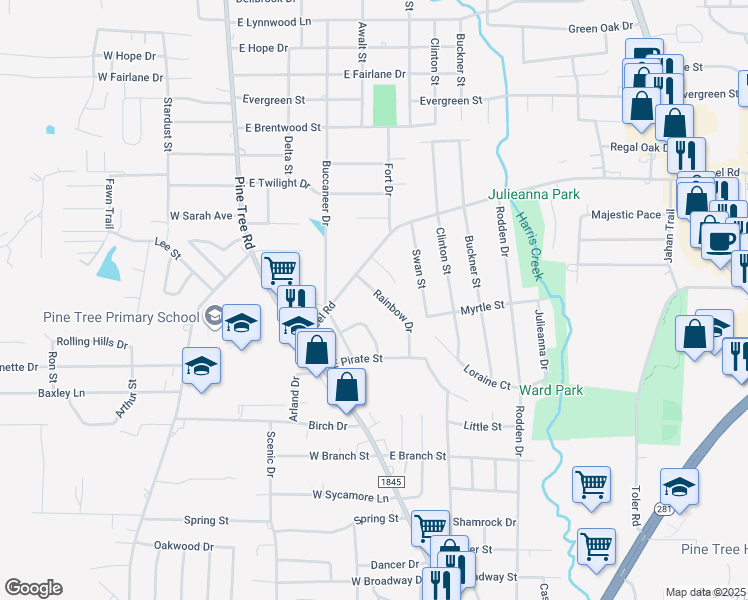 map of restaurants, bars, coffee shops, grocery stores, and more near 1721 Rainbow Drive in Longview