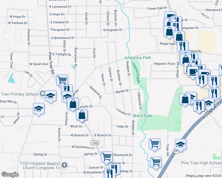map of restaurants, bars, coffee shops, grocery stores, and more near 1803 Clinton Street in Longview
