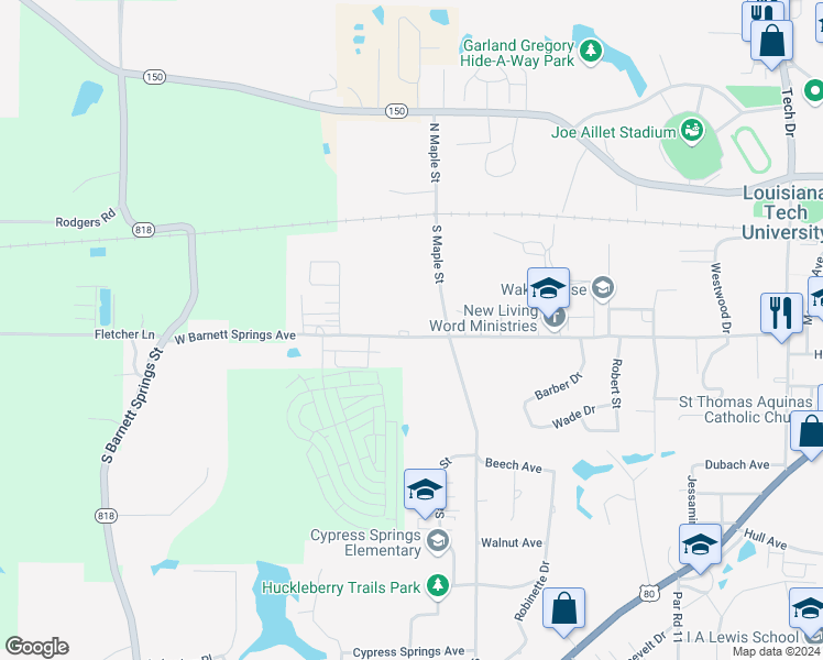 map of restaurants, bars, coffee shops, grocery stores, and more near 2314 West Barnett Springs Avenue in Ruston