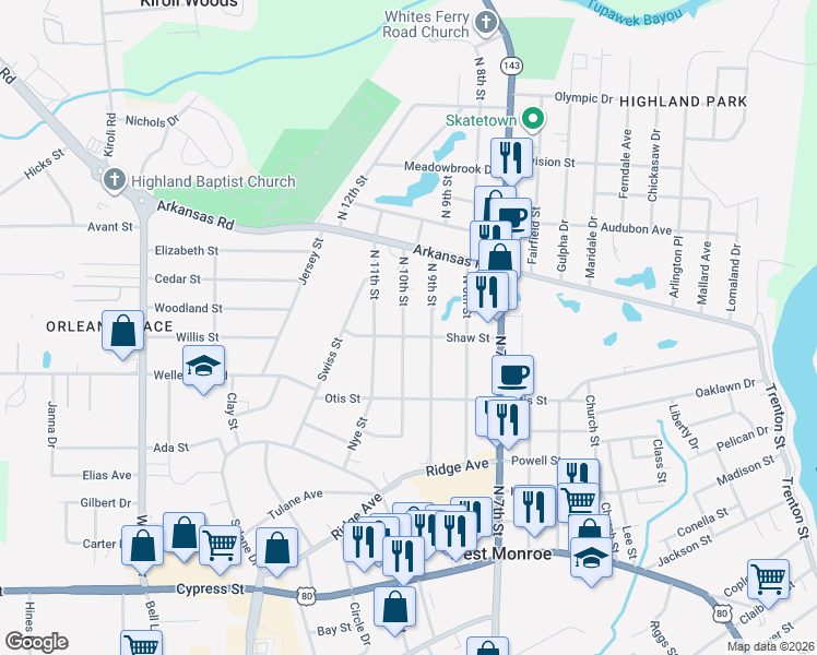 map of restaurants, bars, coffee shops, grocery stores, and more near 2604 North 10th Street in West Monroe