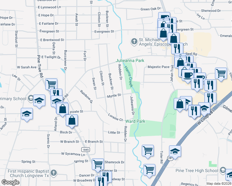 map of restaurants, bars, coffee shops, grocery stores, and more near 1800 Buckner Dr in Longview