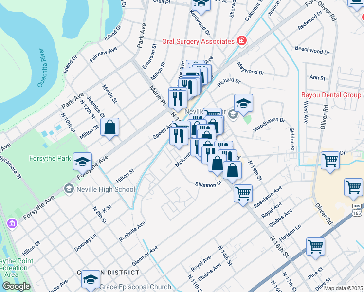 map of restaurants, bars, coffee shops, grocery stores, and more near 1801 North 18th Street in Monroe