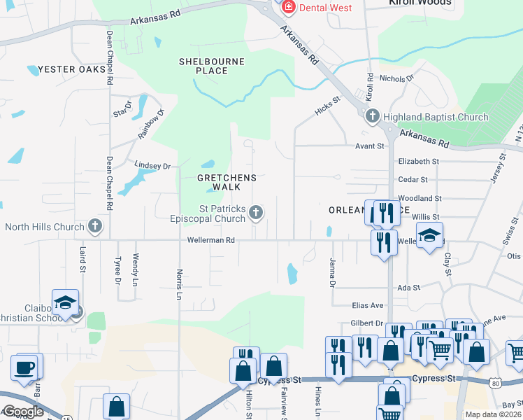 map of restaurants, bars, coffee shops, grocery stores, and more near Olde Town Circle in West Monroe