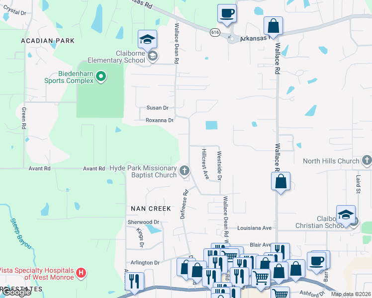 map of restaurants, bars, coffee shops, grocery stores, and more near 737 Wallace Dean Road in West Monroe