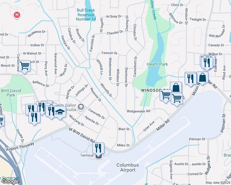map of restaurants, bars, coffee shops, grocery stores, and more near 5721 Wiltshire Drive in Columbus