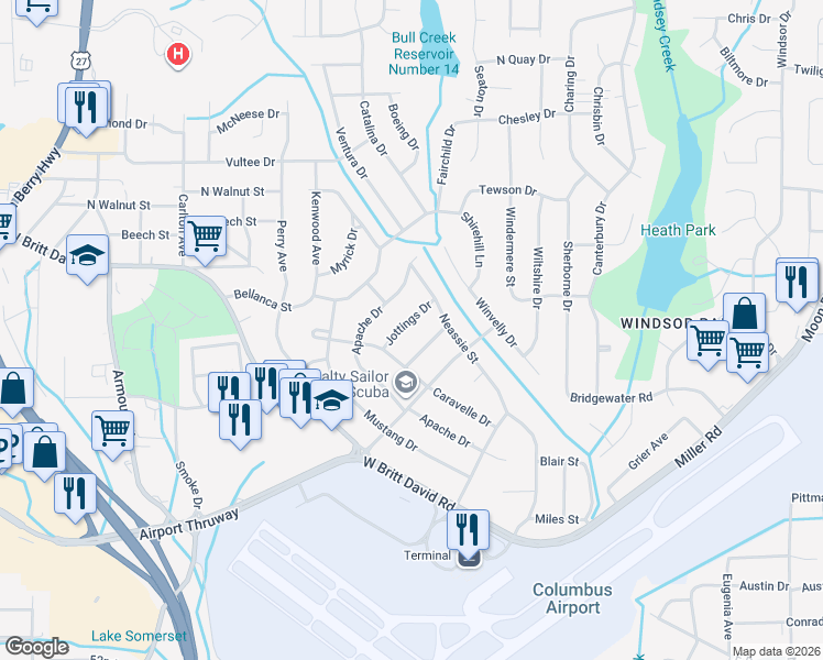 map of restaurants, bars, coffee shops, grocery stores, and more near 3230 Jottings Dr in Columbus