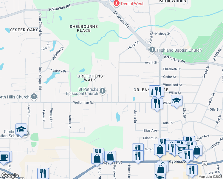 map of restaurants, bars, coffee shops, grocery stores, and more near Olde Town Circle in West Monroe