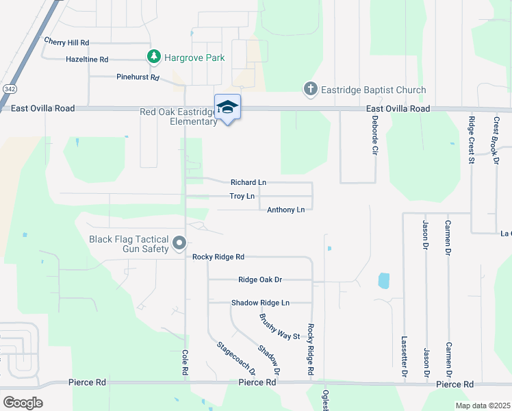 map of restaurants, bars, coffee shops, grocery stores, and more near 121 Anthony Lane in Red Oak