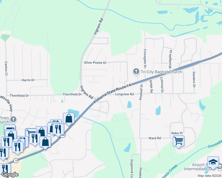 map of restaurants, bars, coffee shops, grocery stores, and more near 4471 Highway 14 in Elmore