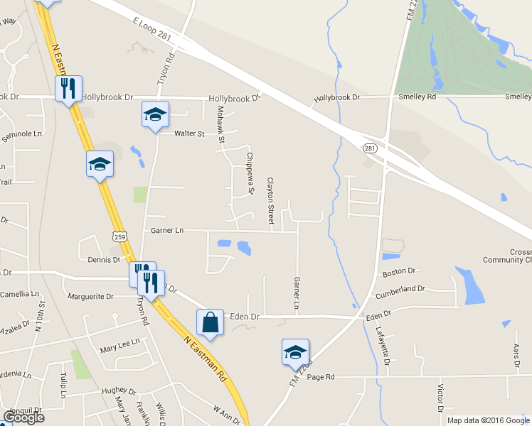 map of restaurants, bars, coffee shops, grocery stores, and more near 2407 Clayton Street in Longview