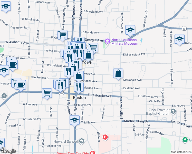 map of restaurants, bars, coffee shops, grocery stores, and more near 307 South Sparta Street in Ruston