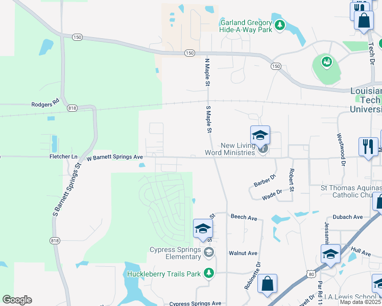 map of restaurants, bars, coffee shops, grocery stores, and more near 2318 West Barnett Springs Avenue in Ruston