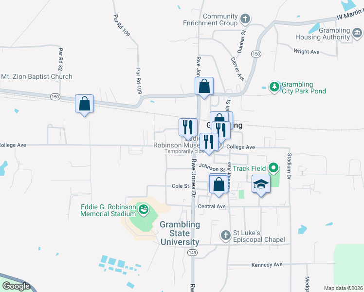 map of restaurants, bars, coffee shops, grocery stores, and more near 317 College Avenue in Grambling
