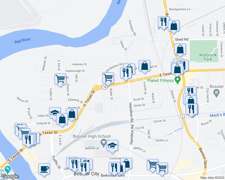 map of restaurants, bars, coffee shops, grocery stores, and more near 1702 East Texas Street in Bossier City