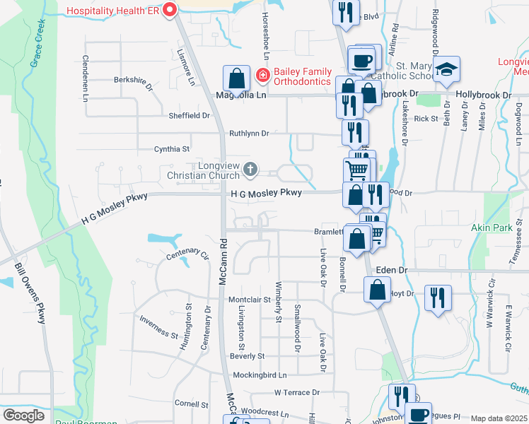 map of restaurants, bars, coffee shops, grocery stores, and more near Bramlette Place in Longview