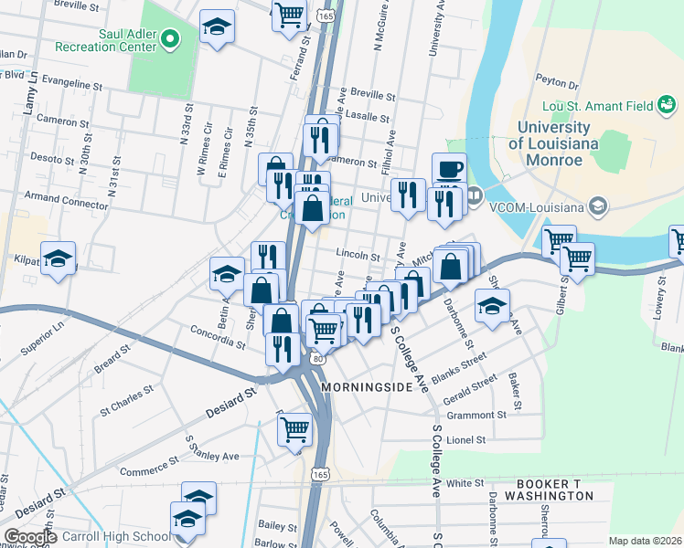 map of restaurants, bars, coffee shops, grocery stores, and more near 3498 Armand St in Monroe