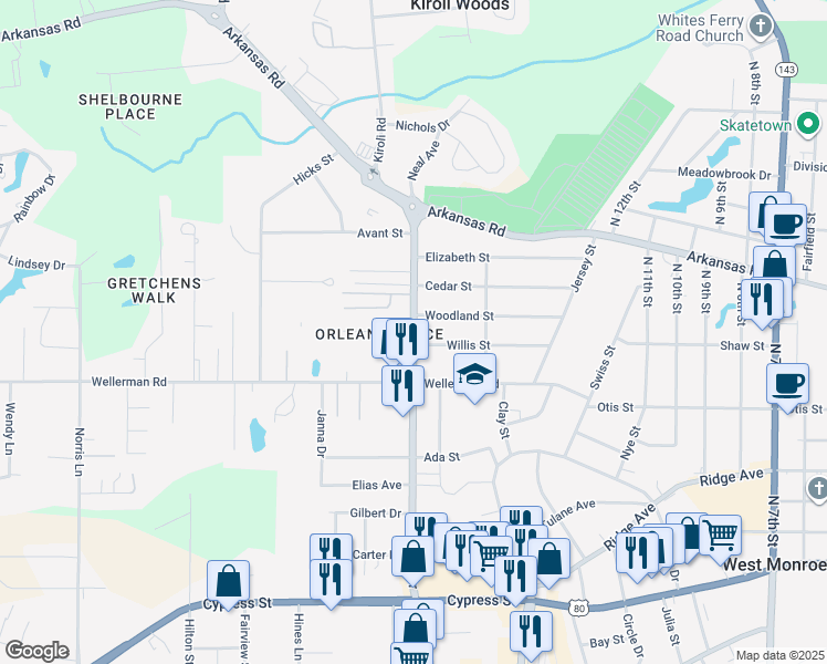 map of restaurants, bars, coffee shops, grocery stores, and more near 1042 Warren Dr in West Monroe