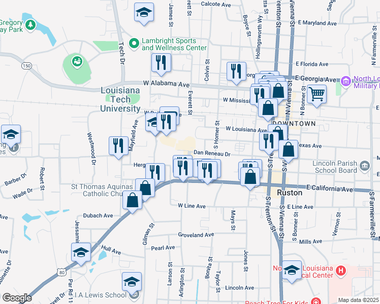 map of restaurants, bars, coffee shops, grocery stores, and more near 201 Mayfield Avenue in Ruston