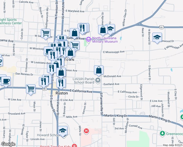 map of restaurants, bars, coffee shops, grocery stores, and more near 500 East Texas Avenue in Ruston