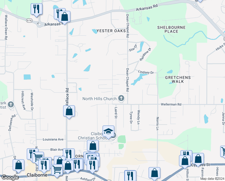 map of restaurants, bars, coffee shops, grocery stores, and more near 127 Hilbert Drive in West Monroe