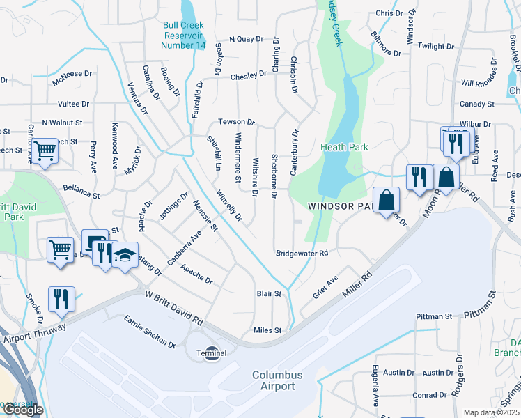 map of restaurants, bars, coffee shops, grocery stores, and more near 5728 Wiltshire Drive in Columbus
