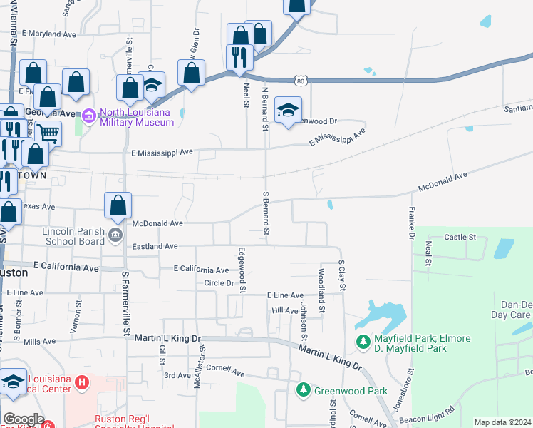 map of restaurants, bars, coffee shops, grocery stores, and more near South Bernard Street in Ruston
