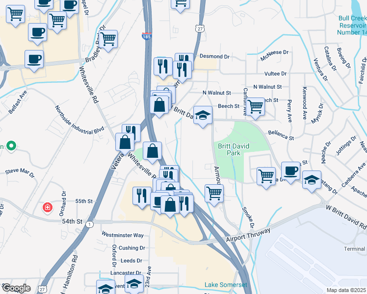 map of restaurants, bars, coffee shops, grocery stores, and more near 2444 West Britt David Road in Columbus