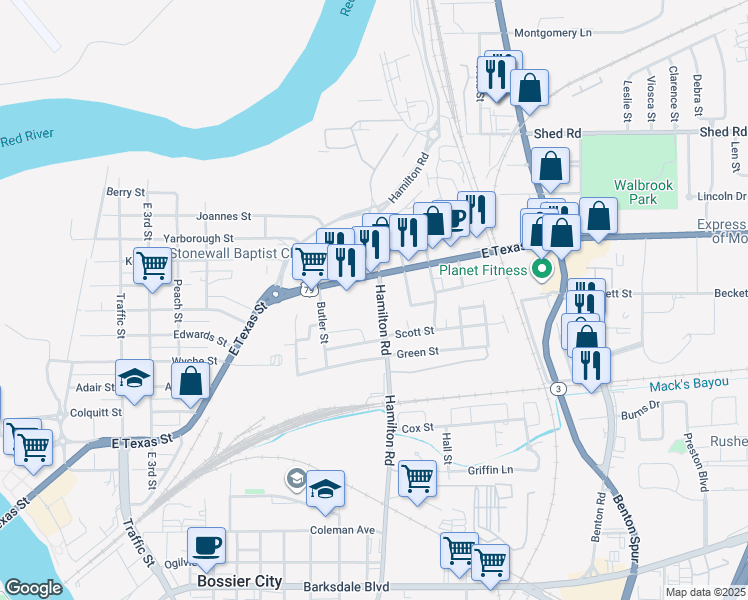 map of restaurants, bars, coffee shops, grocery stores, and more near 815 Hamilton Road in Bossier City