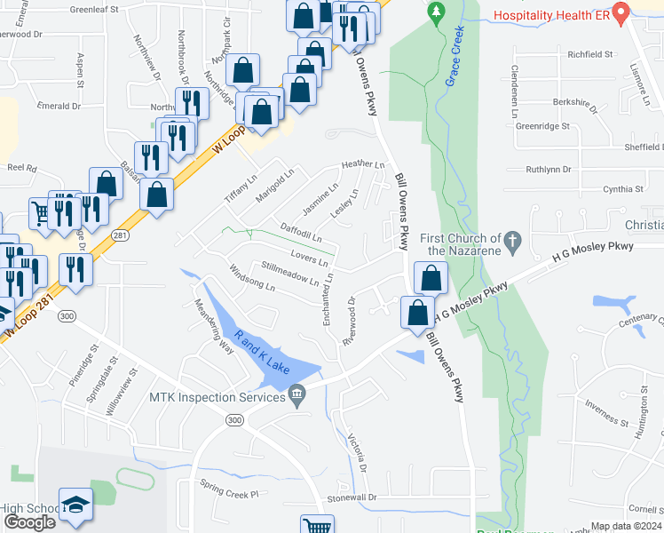 map of restaurants, bars, coffee shops, grocery stores, and more near 1300 Enchanted Lane in Longview