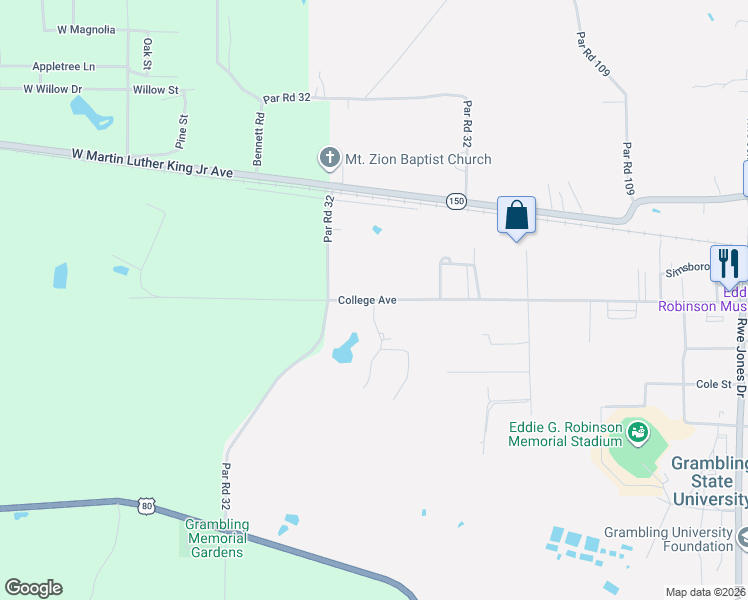 map of restaurants, bars, coffee shops, grocery stores, and more near 101 Woodland Springs Drive in Grambling