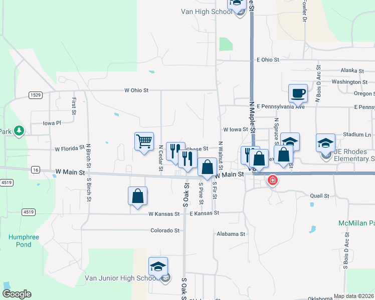 map of restaurants, bars, coffee shops, grocery stores, and more near 133 N Oak St in Van