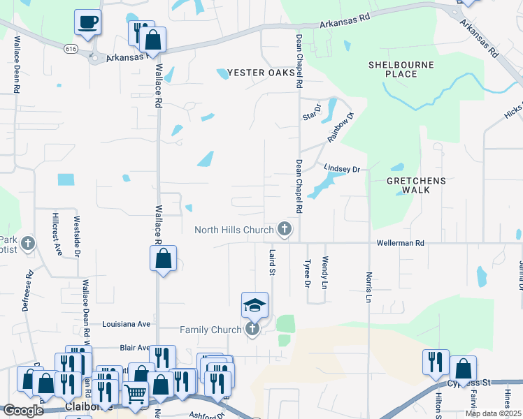map of restaurants, bars, coffee shops, grocery stores, and more near 127 Hilbert Drive in West Monroe