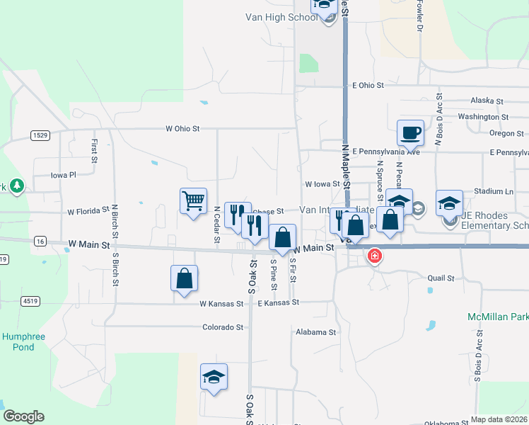 map of restaurants, bars, coffee shops, grocery stores, and more near 101-133 North Oak Street in Van