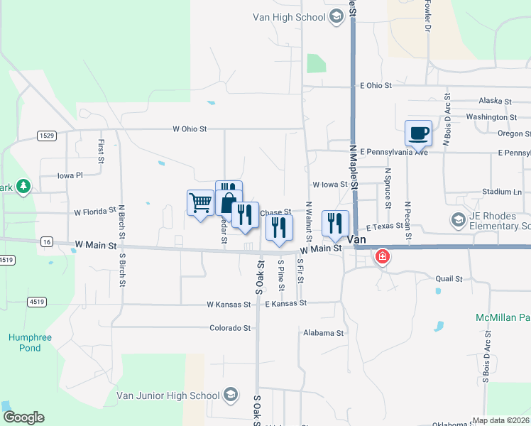 map of restaurants, bars, coffee shops, grocery stores, and more near 101-133 North Oak Street in Van