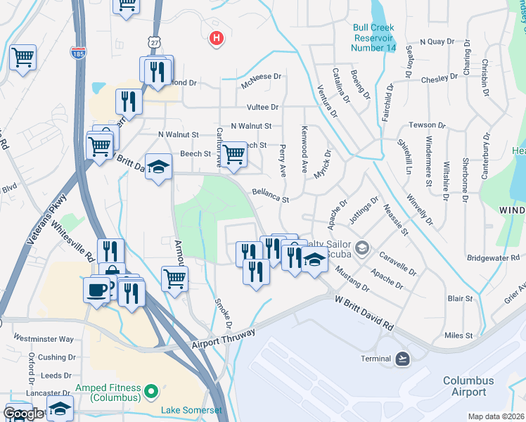 map of restaurants, bars, coffee shops, grocery stores, and more near 5539 Perry Avenue in Columbus